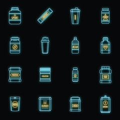 Protein sport nutrition icons set. Outline set of protein sport nutrition vector icons neon color on black