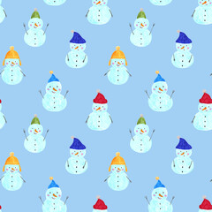 Cute snowman seamless pattern for fabric und textile design, wallpaper, wrapping, surface design, decoration.