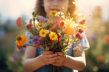Naklejka premium Close up hand of cute girl holding flowers for giving.