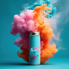 Pink aerosol can with cloud of colored powders stock