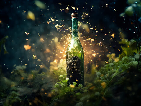 Champagne Bottle and Glowing Glasses on a Sparkling Background - Party Time, Copy Space on foret. Happy new Year