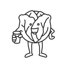 Kawaii cabbage character holding drinking glass for Cabbage Day on February 17. Healthy food and drink outline symbol.