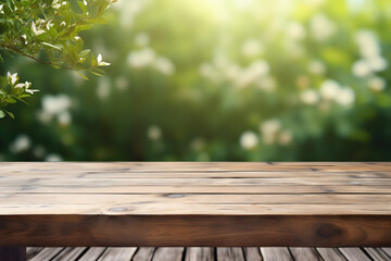 Empty wooden board with tree branch and blurry nature background