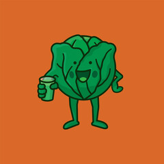 Cabbage Kawaii character with green vegetable smoothie drink vector illustration for Cabbage Day on February 17. Symbol of healthy eating.