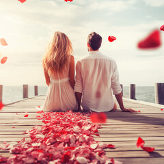 frisch verliebtes romantisches Paar sitzt am Steg am See