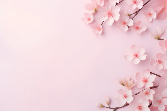 Pink spring flowers at side of pastel pink background with empty copy space