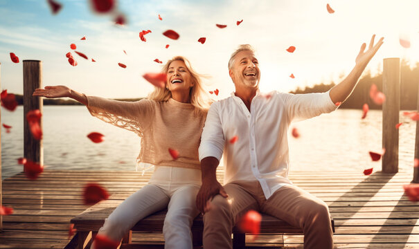freudig lachendes Paar wirft Rosenblätter in die Luft am See