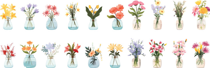 Set of cute childish flower vases drawn on a white background. - obrazy, fototapety, plakaty