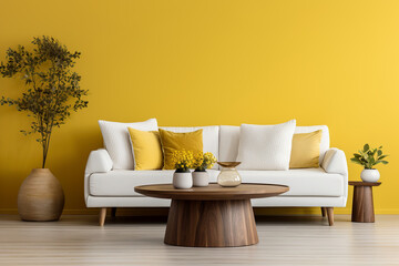 Round coffee table near white sofa with yellow pillows against yellow wall with copy space. Scandinavian home interior design of modern living room.