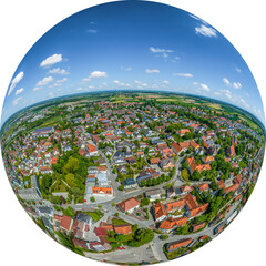 Die Stadt Buchloe im Gennachtal in Mittelschwaben im Luftbild, LIttle Planet-Ansicht, freigestellt