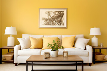 Beige sofa with yellow pillows and two side tables with lamps against vibrant yellow wall with poster frame. Classic home interior design of modern living room.