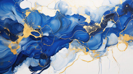 Royal blue golden flower swirls on a pure white background in radiant marbled ink - a celebration of fluid artistry - obrazy, fototapety, plakaty