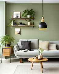 Grey sofa against green wall with floating shelf. Scandinavian home interior design of modern living room. - obrazy, fototapety, plakaty
