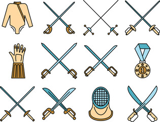 Fencing sport icons set. Outline set of fencing sport vector icons thin line color flat on white - obrazy, fototapety, plakaty