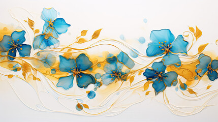 Amber ink with cerulean flowers and golden strokes - Mesmerizing dance
