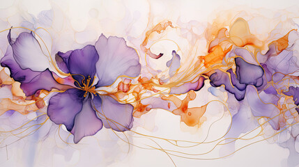 Tangerine ink with golden swirls and lilac blossoms - Dance of color