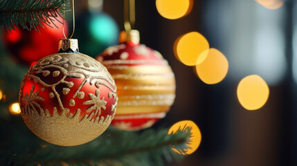 Traditional chistmas tree baubles hanging as decoration in tree
