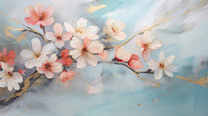 Aqua petals golden accents pink blossoms - a tranquil fusion of ink and nature