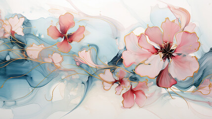 Aqua petals golden accents pink blossoms - a tranquil fusion of ink and nature