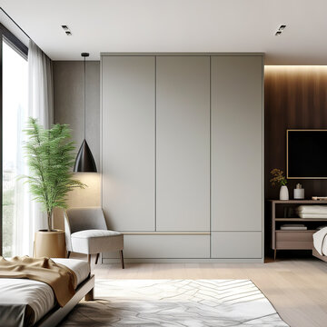 Fototapeta Grey wardrobe in scandinavian style interior design of modern bedroom.