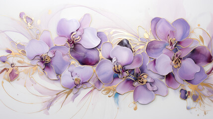 Fototapeta na wymiar Elegant marbled ink with orchid blooms golden vines on white