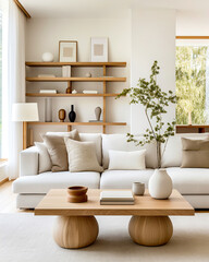 Accent coffee table near white sofa with beige pillows against shelving unit. Scandinavian home interior design of modern living room.