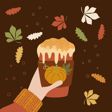 Hand holding Paper cup of coffee. Vector Flat style illustration of Pumpkin spice latte on dark background with Leaves. Season hot drink, coffee to go with Whipped cream and lid, November mood.