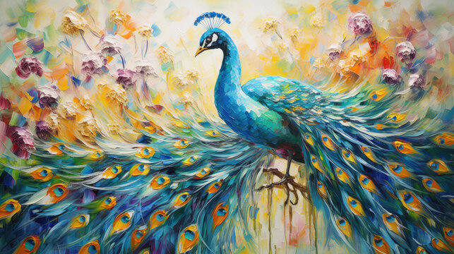 Vibrant abstract oil acrylic painting illustration of graceful peacock palette knife on canvas