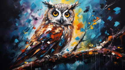 Enchanting abstract oil acrylic painting illustration of mystical owl palette knife on canvas