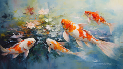 Serene abstract oil acrylic painting illustration of tranquil koi fish palette knife on canvas - obrazy, fototapety, plakaty