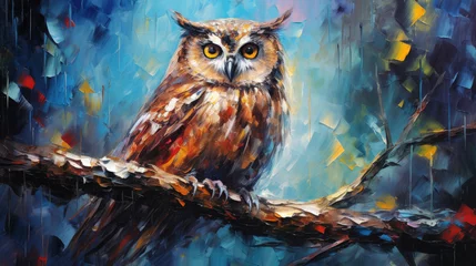 Rolgordijnen Enchanting abstract oil acrylic painting illustration of mystical owl palette knife on canvas © javier