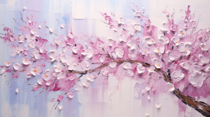 Elegant abstract oil acrylic painting illustration of delicate cherry blossoms palette knife on canvas