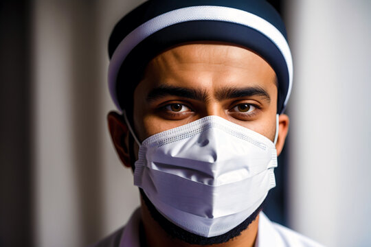A muslim man wearing protective mask. COVID 19. Mask-Wearing with Confidence. Generative AI