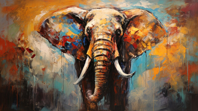 Majestic abstract oil acrylic painting illustration of regal elephant palette knife on canvas