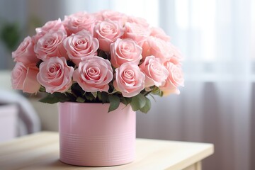 Bouquet of pink roses in the vase. Beautiful floral composition for wedding, Valentine's day, birthday.