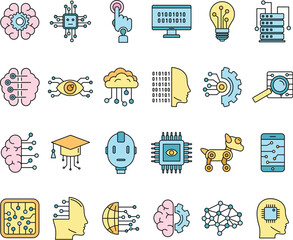 Artificial intelligence system icons set. Outline set of artificial intelligence system vector icons thin line color flat on white