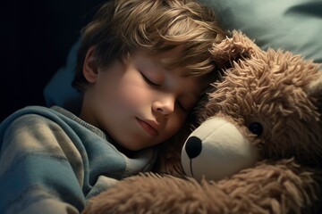 A Young boy in Cozy Pajamas Embracing a Stuffed Toy