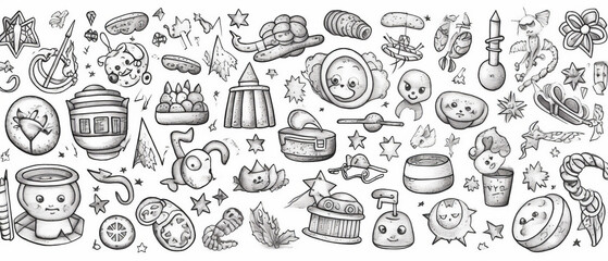 New Year themed lucky charms hand drawn line drawing illustration on white background ,generative ai