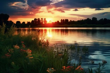 A serene summer lake at sunset with colorful reflections on the water, capturing the tranquility and beauty of summer evenings.