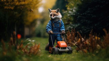 un renard anthropomorphe est en train de tondre sa pelouse dans son jardin à l'automne - obrazy, fototapety, plakaty