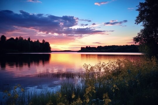 A serene summer lake at sunset with colorful reflections on the water, capturing the tranquility and beauty of summer evenings.