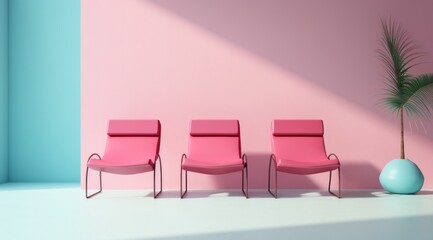 A vibrant display of elegant pink chairs lines the wall, adding a touch of sophistication to the indoor space while the sleek design and scattered plants bring a sense of liveliness to the floor