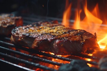 Steak on bbq grill with fire