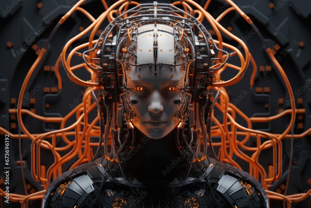 Wall mural a mechanical masterpiece adorned with intricate wires, the robot's head serves as a canvas for a wil