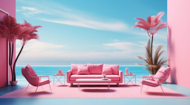 Amidst the vast blue sky and sandy beach, a whimsical pink couch rests upon a vibrant pink rug, surrounded by lush green palm trees and the calming presence of the ocean, creating a dreamy outdoor oa