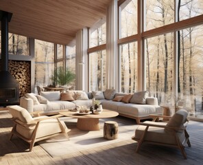Sunlight pours through the towering windows of a cozy den, illuminating a plush couch and loveseat nestled on the hardwood floor, adorned with decorative pillows and accompanied by a grand ceiling an