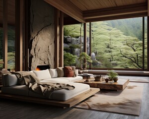 Through the indoor window, sunlight pours onto the large couch adorned with plush pillows and cushions, creating a cozy den in the heart of the building, where the loveseat and armrests invite you to