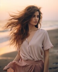 Fototapeta na wymiar A stunning fashion model, with long brown hair cascading down her neck, poses against the fiery sunset sky on a serene beach, exuding confidence and beauty in her stylish attire