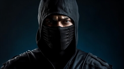 Assassin ninja in black clothes on dark background