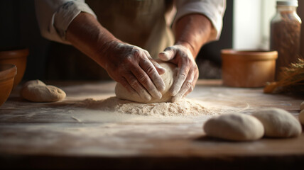 Close up of hand kneading the dough on the table in the kitchen - obrazy, fototapety, plakaty